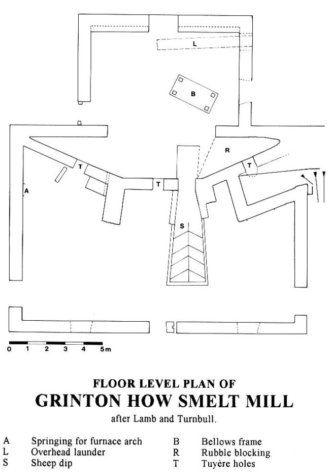 Black and white floor plan drawing of Grinton How Smelt Mill