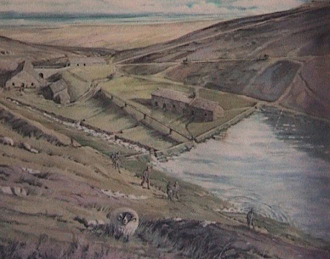 Artists impression of the mill, peat house, dam and waterworks, showing the mill in teh valley, with a large body of water and sheep on the surrounding hillsides.