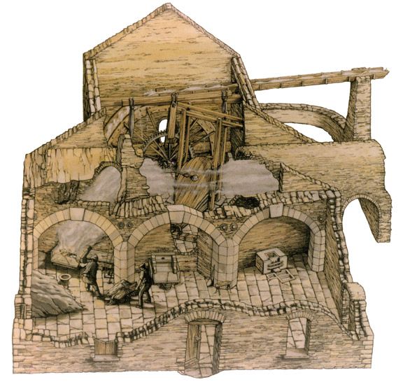 Cutaway diagram of the Smelt Mill showing hearths, flue and bellows