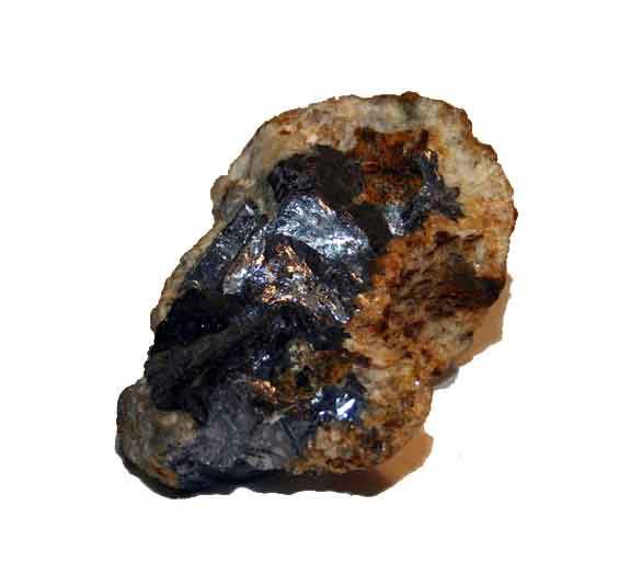 Lump of limestone rock with crystals of calcite and large shiny metallic areas of lead ore