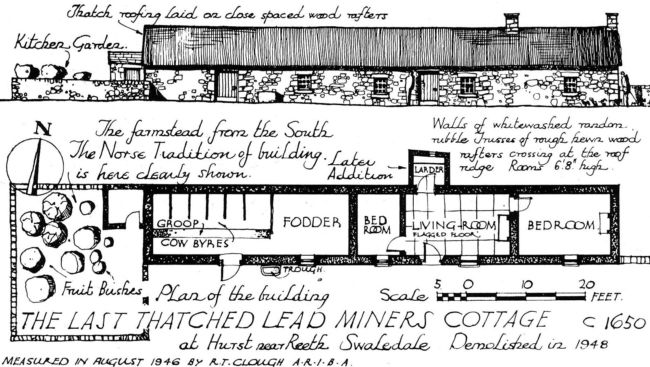 Black and white hand drawn plan of a lead miner's thatched cottage