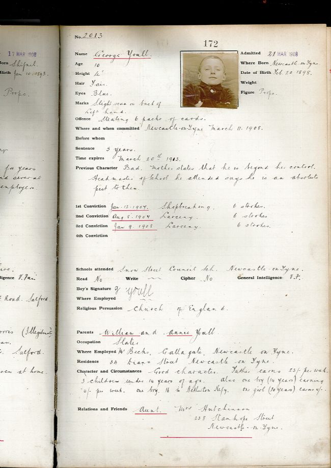 Admission record number 172 showing a small photo of George along with information such as date and place of birth, age, height, weight etc.