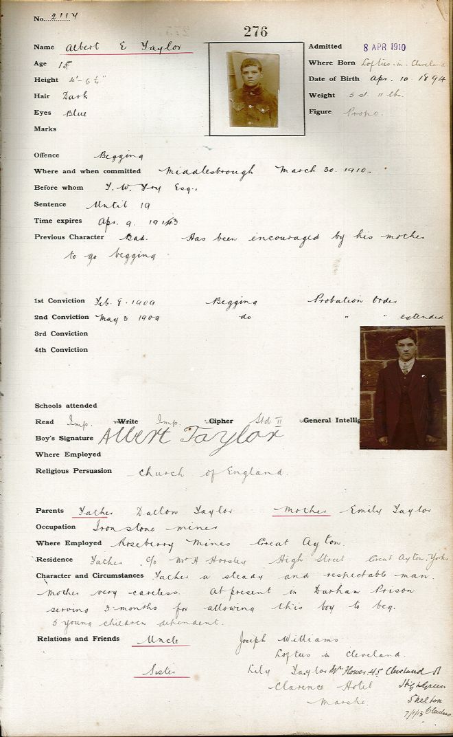 Admission record number 140 showing a small photo of Albert along with information such as date and place of birth, age, height, weight etc.  Further down the page is a larger photo of him, when he is a bit older.