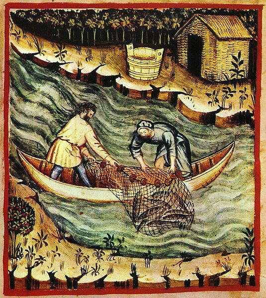 Illustration of men fishing with nets in medieval times