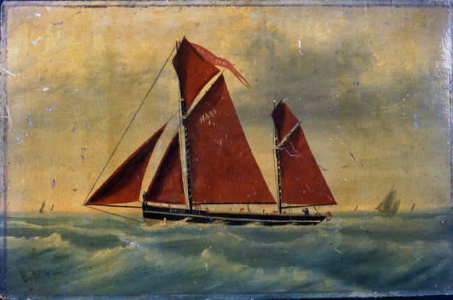 Painting of a fishing 'smack'with six red sails.