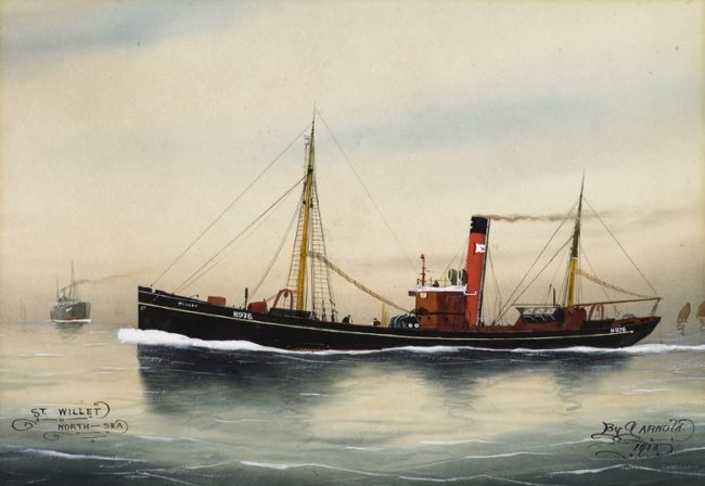 Painting of a steam trawler. It has two masts and a funnel with smoke coming out of it