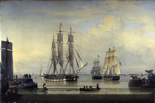 Image of the Humber Dock in 1839 showing three tall ships and numerous smaller ships and row boats