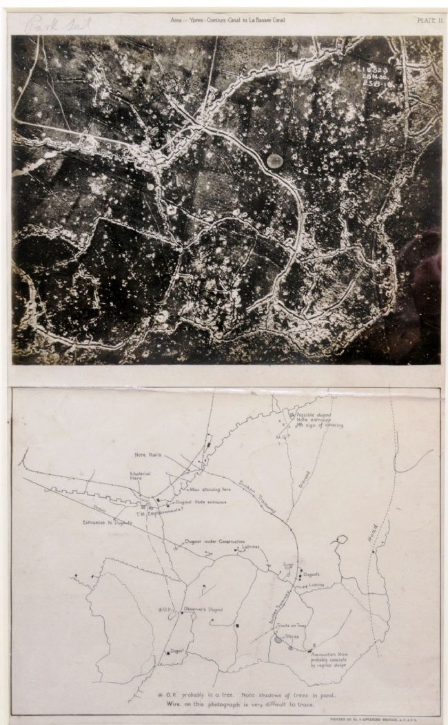 Aerial photograph and map entitled 'Area: Ypres-Comine Canal to La Bassee Canal'