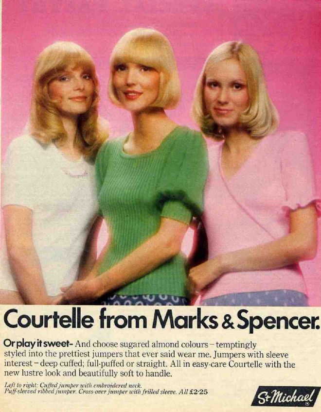 M&S advert for Courtelle clothing from 1971 showing three female models wearing pastel coloured jumpers