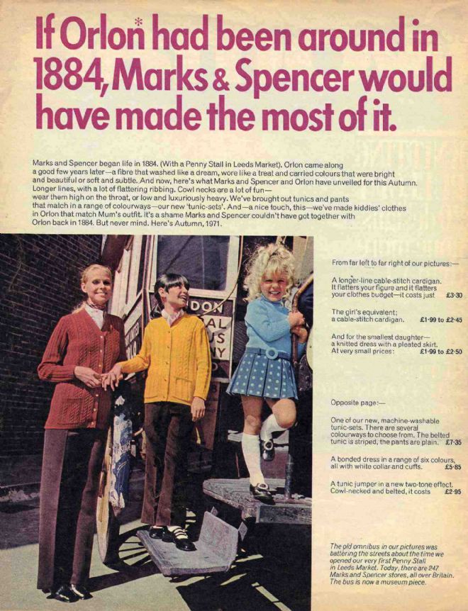 M&S advert for Orlon clothing 1971 showing a woman and two young children wearing knitwear