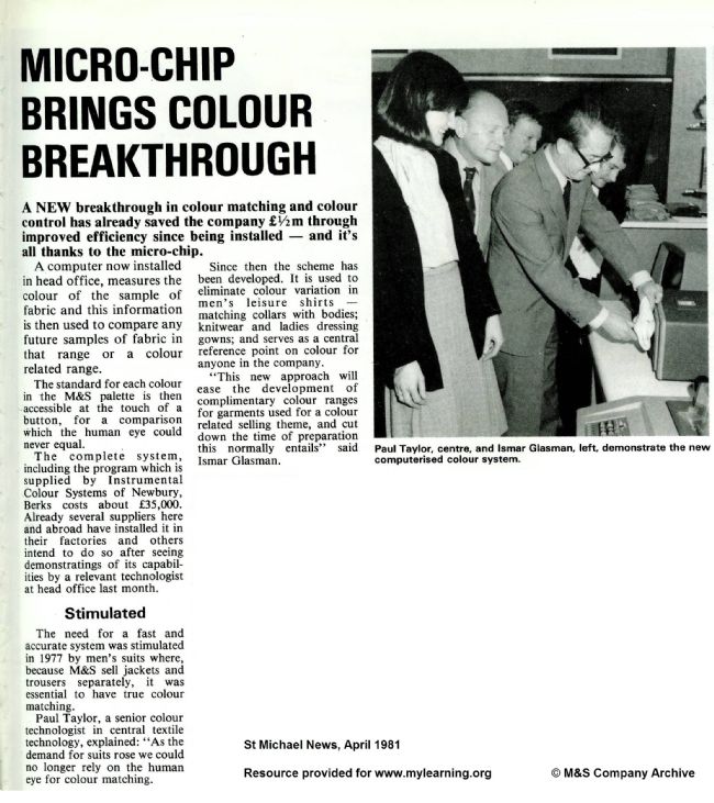 St Michael News article April 1981 about fabric colour technology