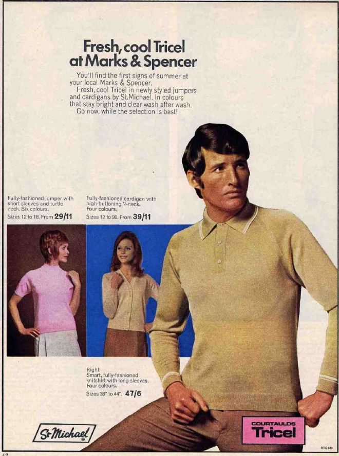 M&S advert for Tricel fabric clothing showing one man and two women wearing pale coloured tops