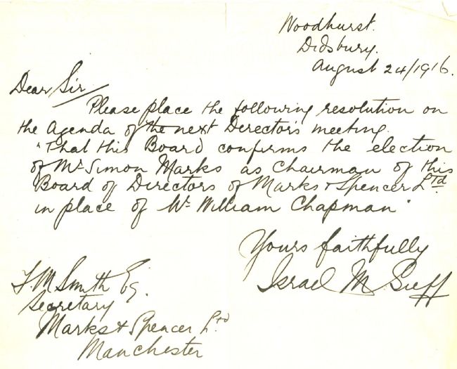 Letter from Israel Sieff to M&S Company Secretary, August 1916