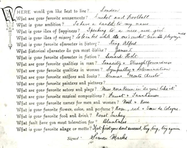 Handwritten questionnaire completed by Simon Marks of Marks & Spencer, aged 16