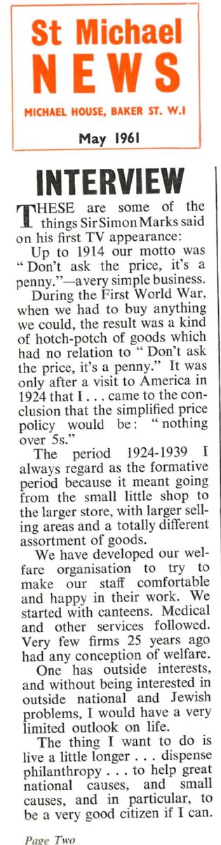 Cutting from St Michael News, May 1961, showing an interview with Simon Marks