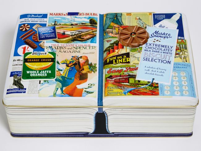 M&S biscuit tin 2010 in the style of an open book