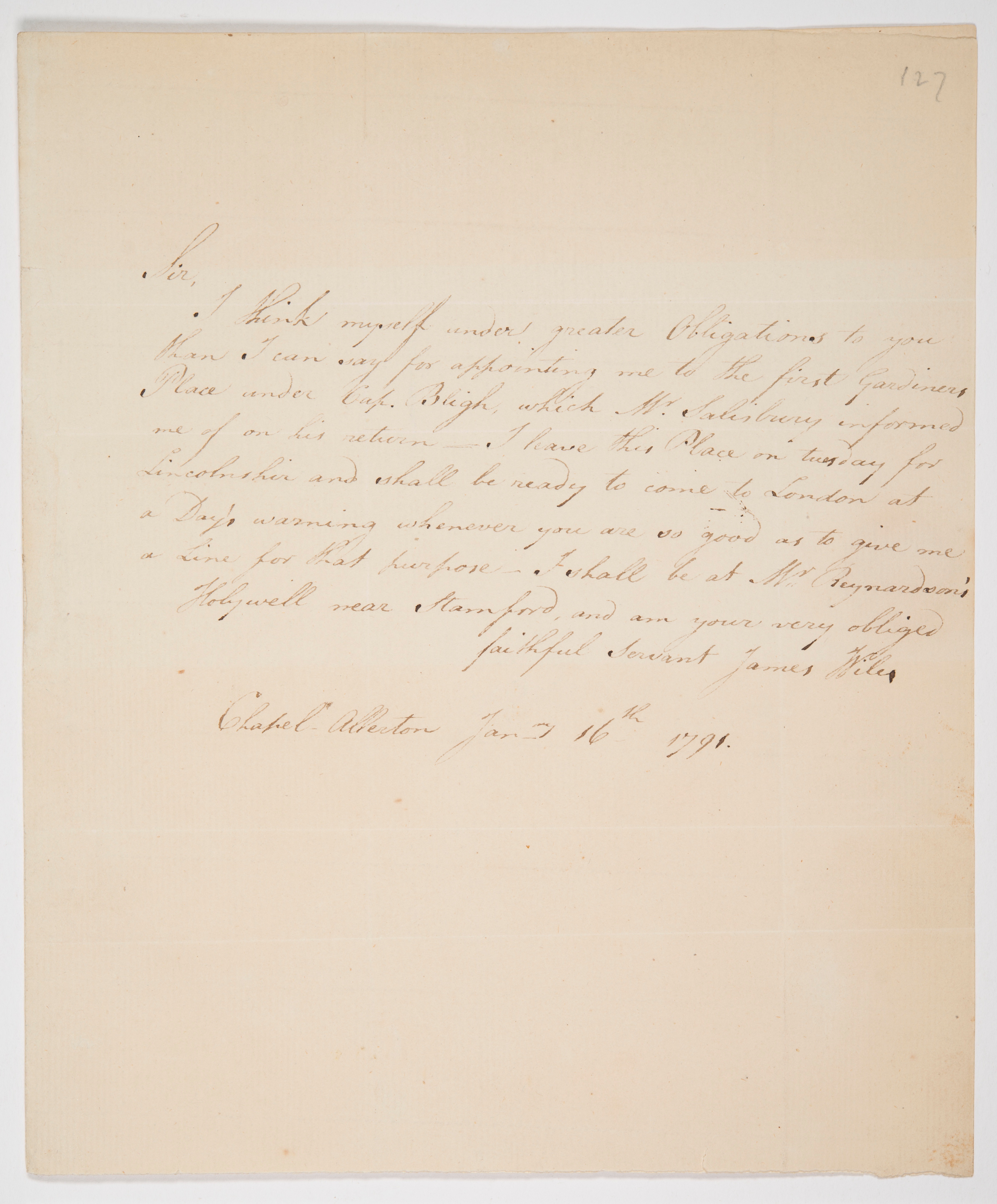Handwritten letter from James Wiles to Joseph Banks, addressed from Chapel Allerton, thanking him for the recommendation to be the Botantist on board a ship for a voyage to collect plant specimens.