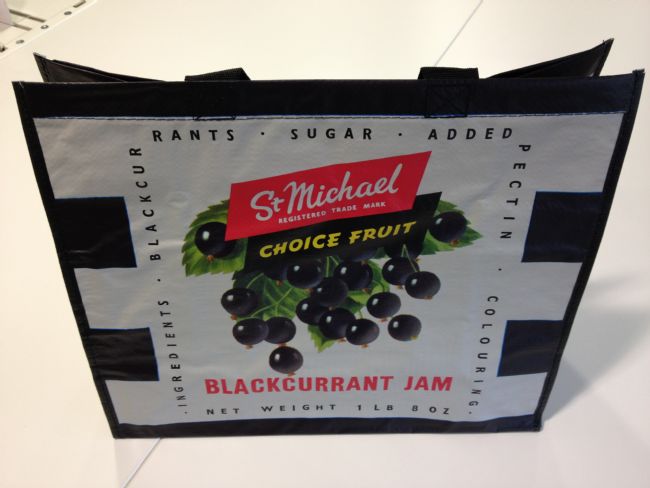 Archive-inspired M&S Bag for Life with an image of blackcurrents on it and an older version of the St. Michael logo
