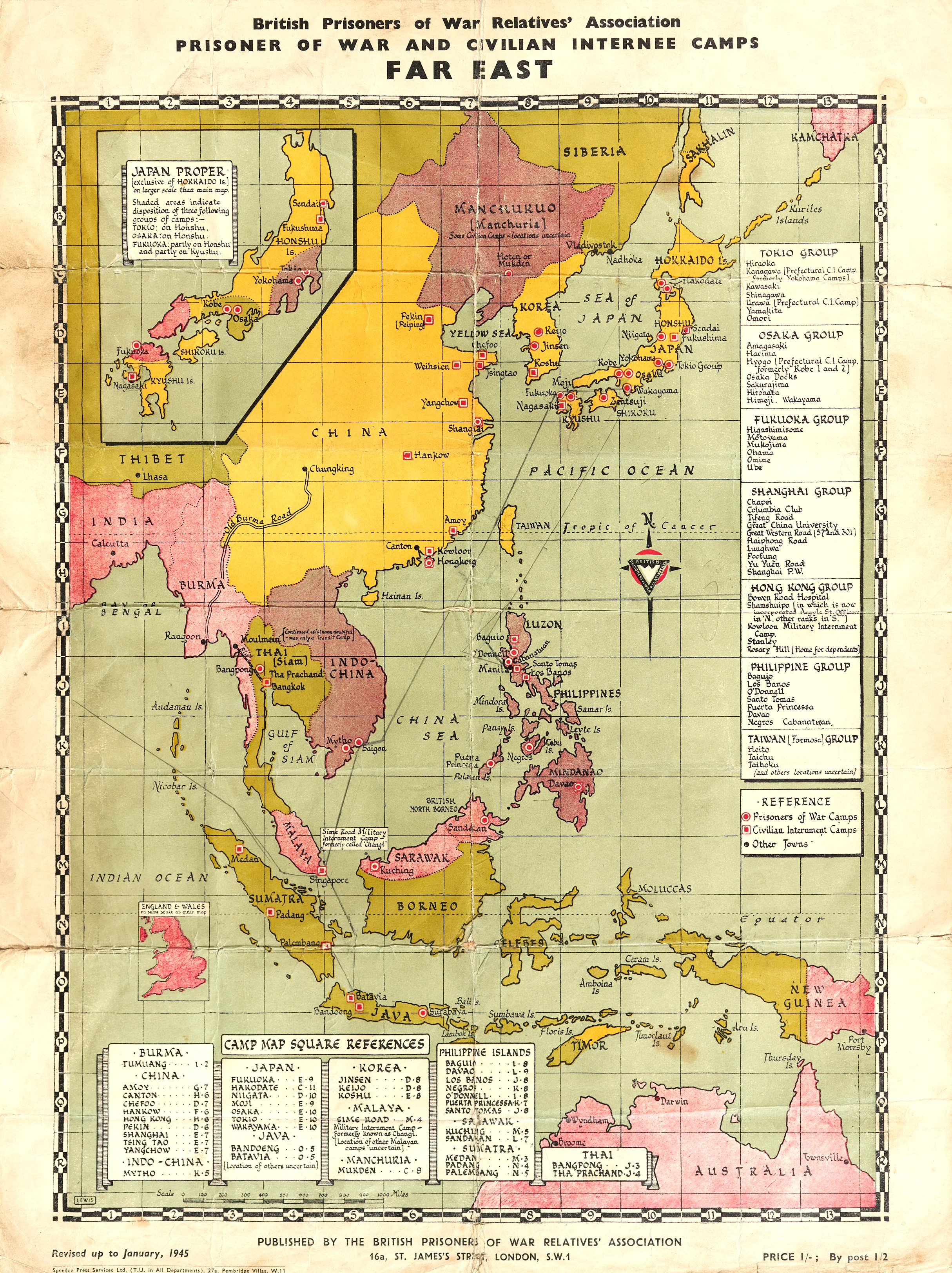 Printed colour map showing the far east including India, Thailand, Philipines, Singapore etc with the camps marked on