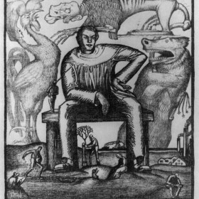 Print showing a man being threatened by wild animals.