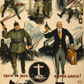 Poster showing cartoon images of WW1 German soldiers committing war crimes, like bayoneting a baby