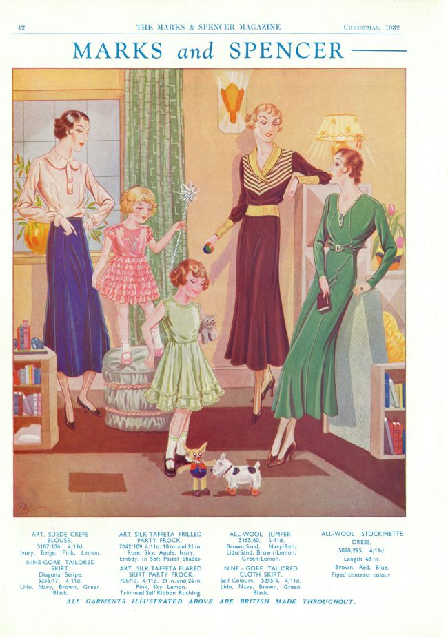Advert showing an interior scene with three women and two little girls all wearing read- to-wear clothes