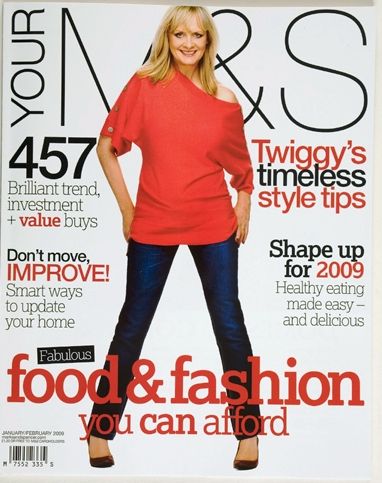 Magazine cover with a photo of Twiggy wearing jeans and a red top