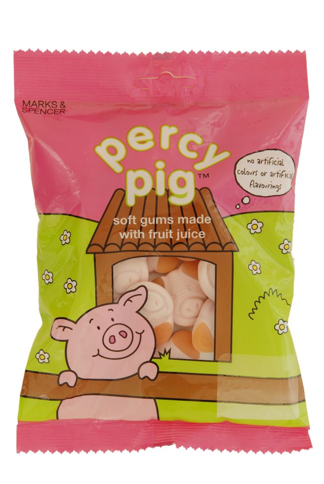 Pink plastic packet containing percy pig sweets