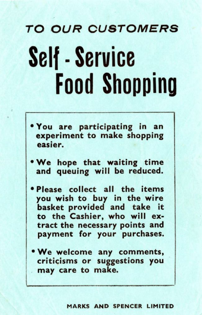 A blue leaflet explaining to customers how the new way of shopping will work