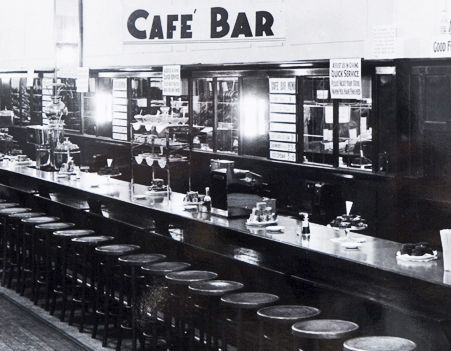 Photo of a long bar with a row of stools beside it