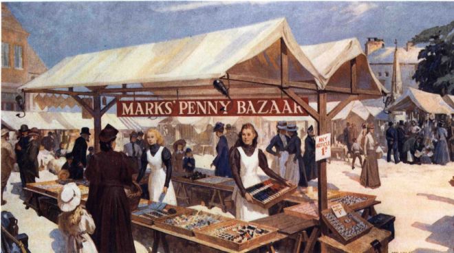 Leeds Market, by Van Jones 1955, oil painting, showing one of the early Penny Bazaar stalls in the 1880s
