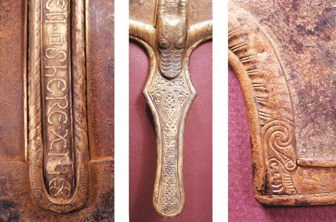 Details of decoration on the Coppergate helmet