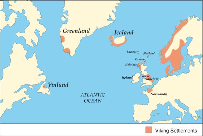 Map of Northern Europe and North Atlantic showing Viking settlement in Scandinavia, Britain, Scotland, Ireland, the Hebrides, Shetland, the Faeroes, Iceland, southern coast of Greenland and Newfoundland (Vinland). 