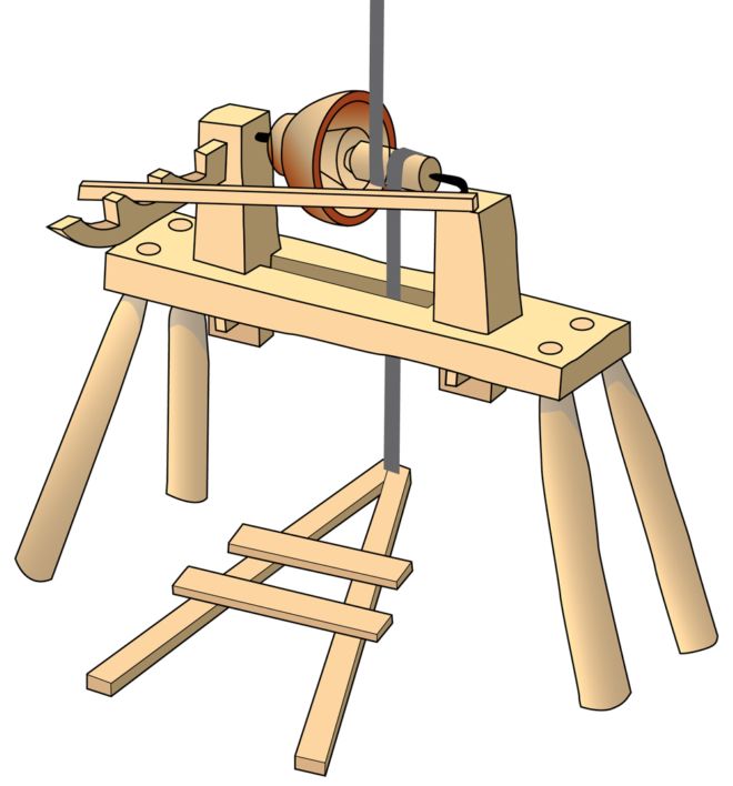 Drawing of a pole lathe, with a V shaped treadle used to move the lathe.