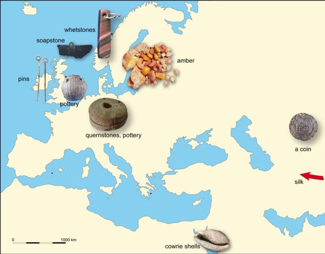 Map of Europe and Western Asia, showing where objects found at Coppergate in York originally came from. These include: Uzbekistan, China, the Red Sea, Scandinavia, Ireland and Northern Europe.