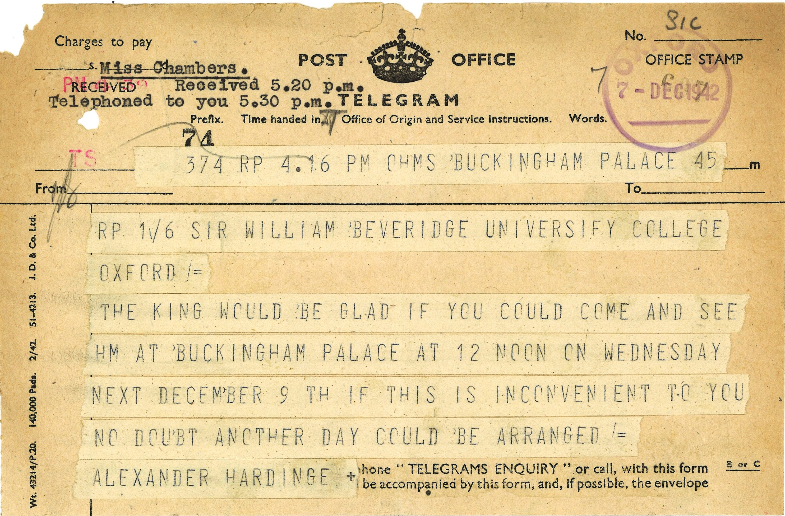 Telegram from Buckingham Palace to Beveridge, December 1942