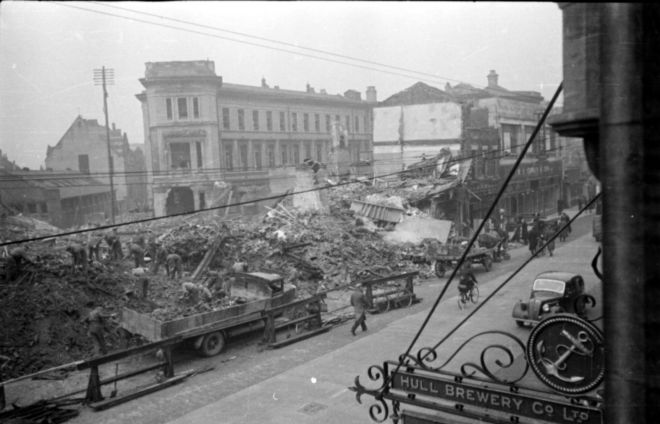 Black and White photograph of bombed building at Hull Royal Infirmary, 1941. One building has been completely flattened.