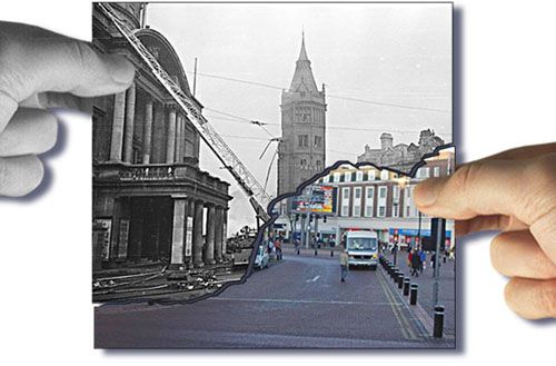 Image of hands piecing together an old black and white fragment photo with a colour one taken after the rebuilding of Hull