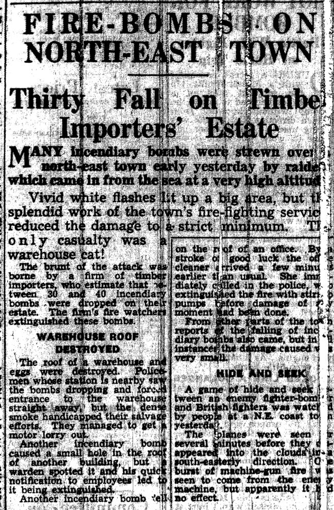 Newspaper article about Fire-Bombs on North-East Town from Hull Daily Mail 1940