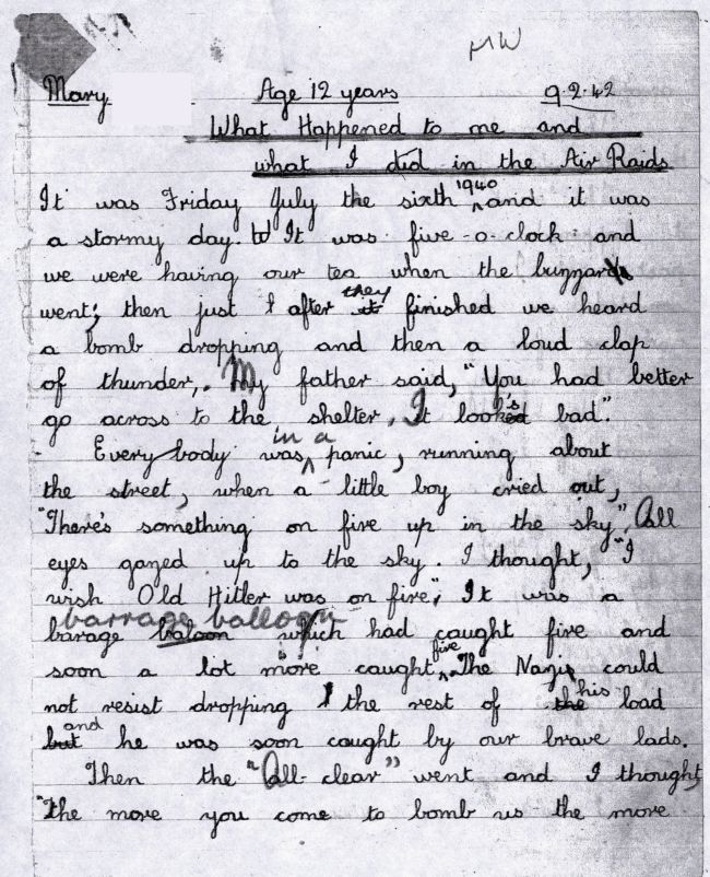 Page 1 of a letter written by a schoolgirl during WW2 in Hull.  Part of the letter reads "It was Friday July 6th 1940 and it was a stormy day.  It was 5 o'clock and we were having our tea when the buzzer went; then just after they finished we heard a bomb dropping and then a loud clap of thunder...'