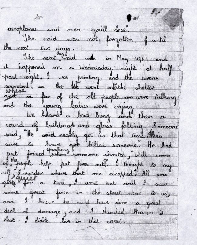 Page 2 of a letter written during WW2 in Hull.  Part of it reads, " The next big raid was in May 1941 and it happened on a Wednesday night at half past eight.  I was painting and the sirens sounded, we went into the shelter where a few of the old people were talking and the young babies were crying..."