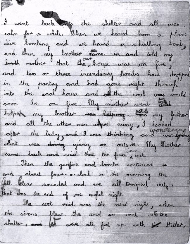 Page 3 of a letter written during WW2 in Hull. Part of it reads:  I went back into the shelter and all was calm for a while.  Then we heard a plane dive bombing and we heard a whistling bomb, and then my brother came in and told my mother that our house was on fire..."
