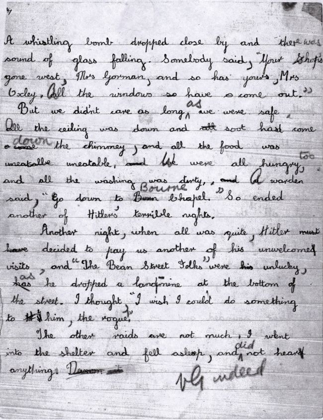 Page 4 of a letter written during WW2 in Hull.  Part of it reads "A whistling bomb dropped close by and there was the sound of glass falling.  "
