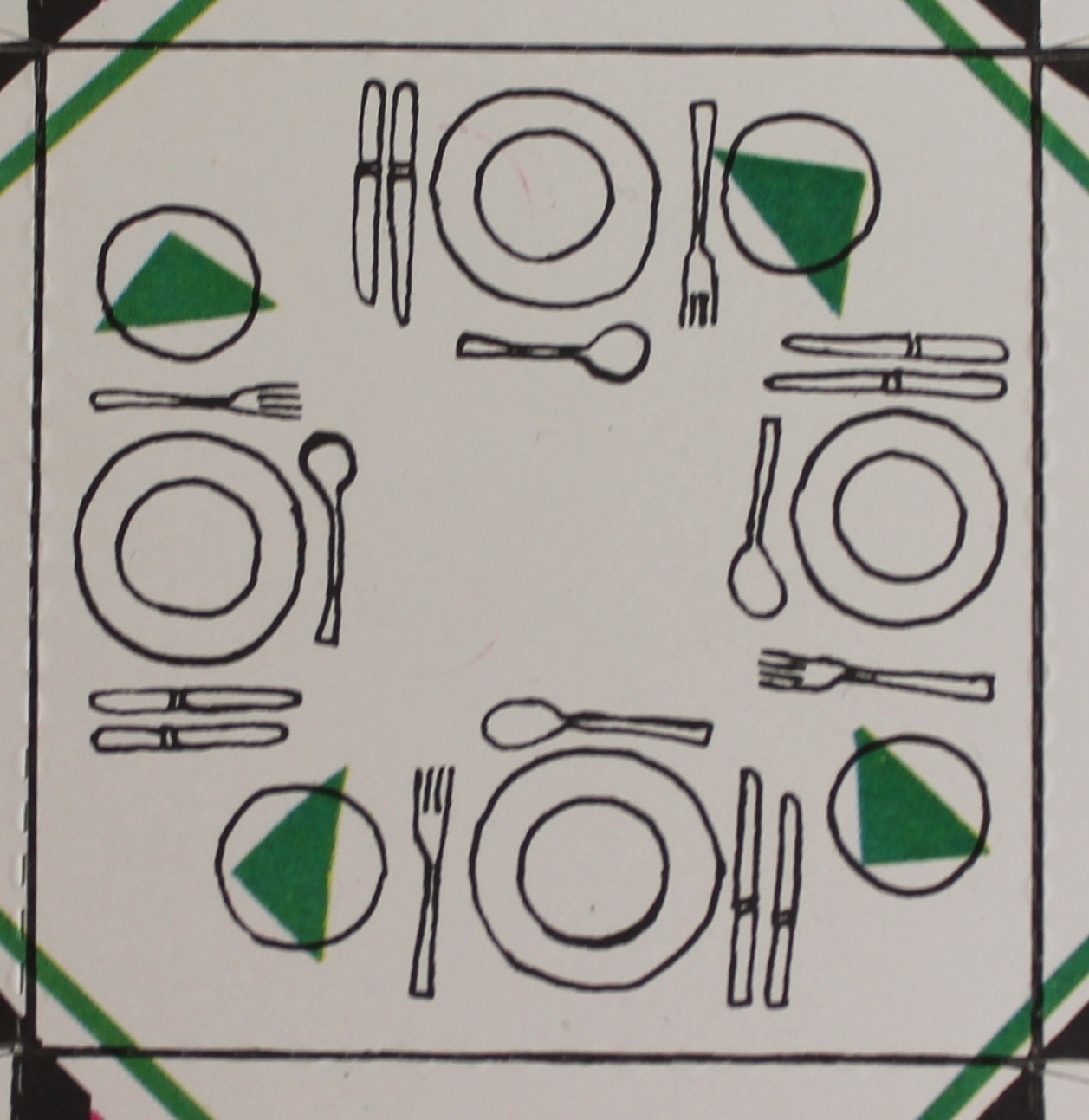 A top view of the table in Maureen Roffey's doll's house. The table has four place settings, with simple black line drawings of a plate, cutlery, and side plate for each person. There is a simple green triangle for a napkin on each side plate. The place settings are a translation of each other, with each being mostly identical, as if rotated around the centre of the table.