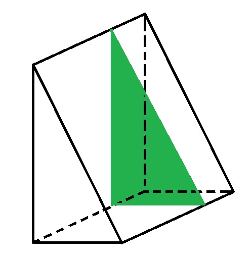 A black line drawing of a triangular prism. The face of the prism is a right-angled triangle, and part way down the length of the shape is a green coloured cross-section, identical to the faces at both ends to indicate that the shape is a prism.