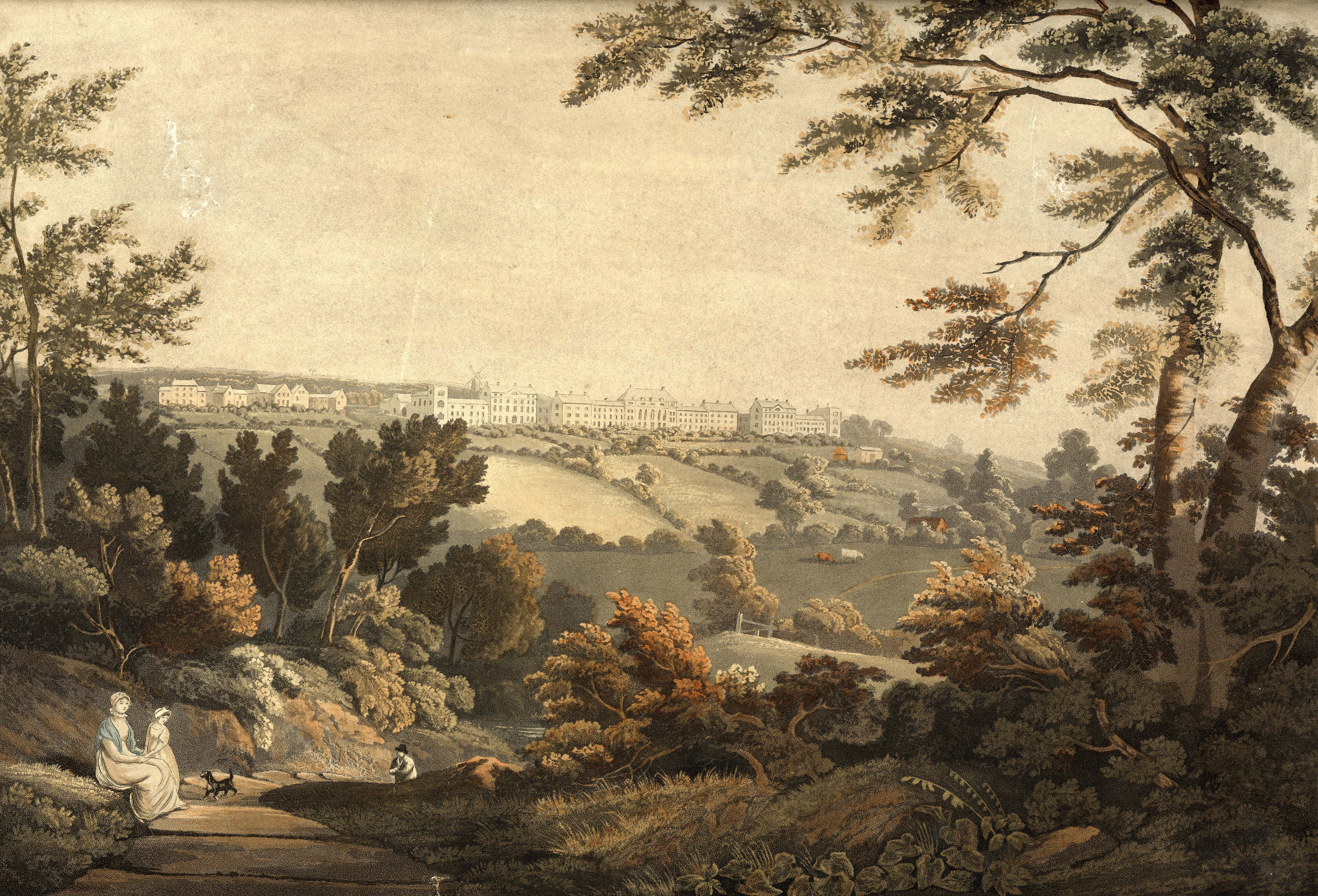 Watercolour painting of a rural landscape. In the background on a hill is a series of large white building. In the foreground two ladies are sitting.