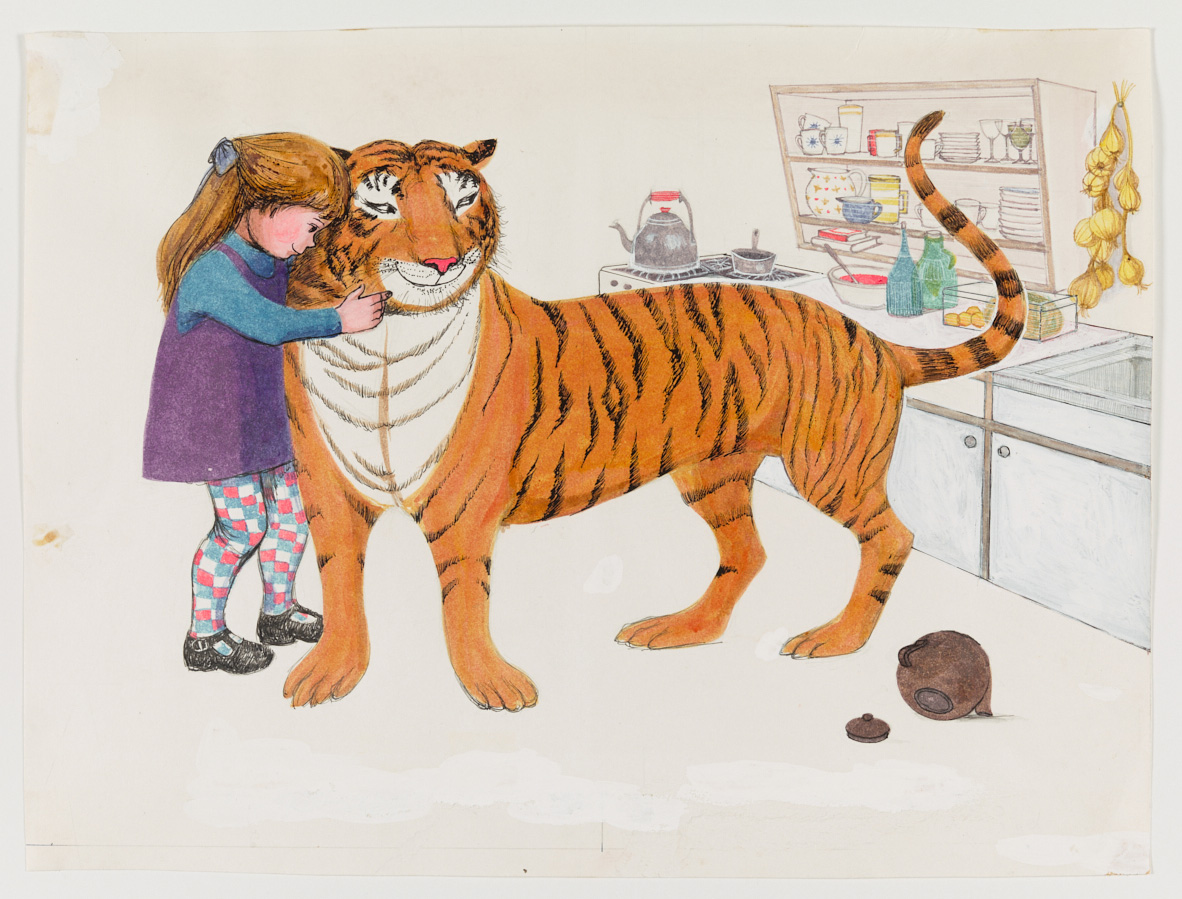 A hand drawn and coloured showing a young girl and her mother sitting at the kitchen table with a tiger. The tiger is drinking tea from the teapot.