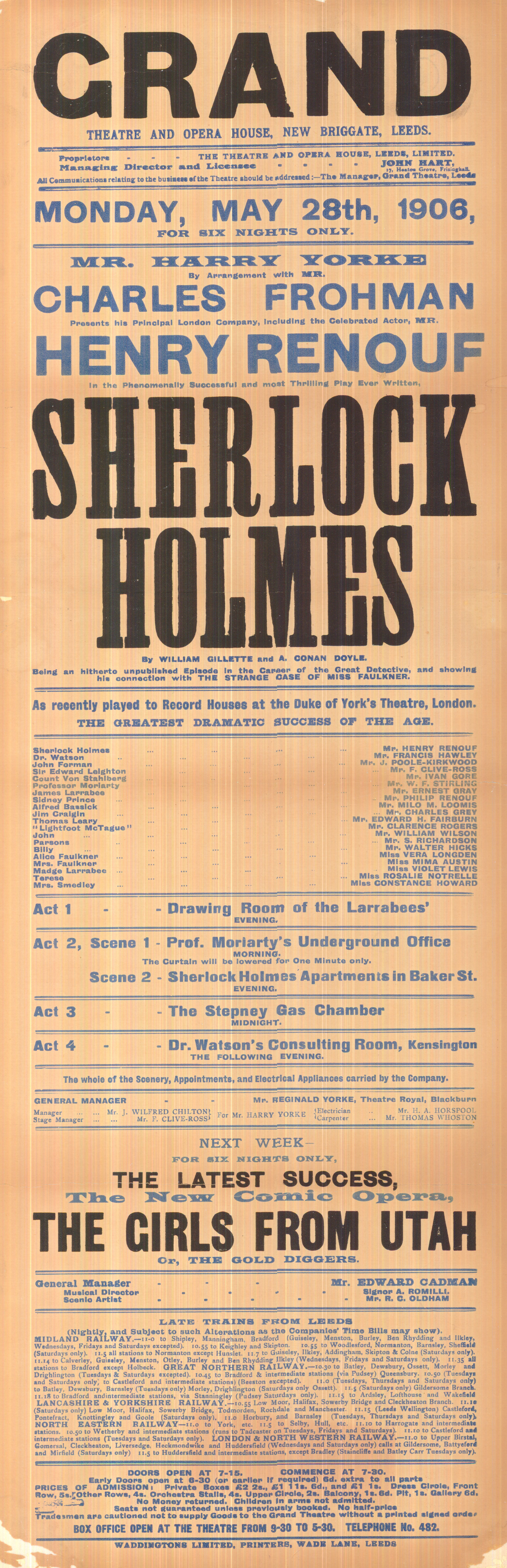Grand Theatre playbill advertising a new Sherlock Holmes play.