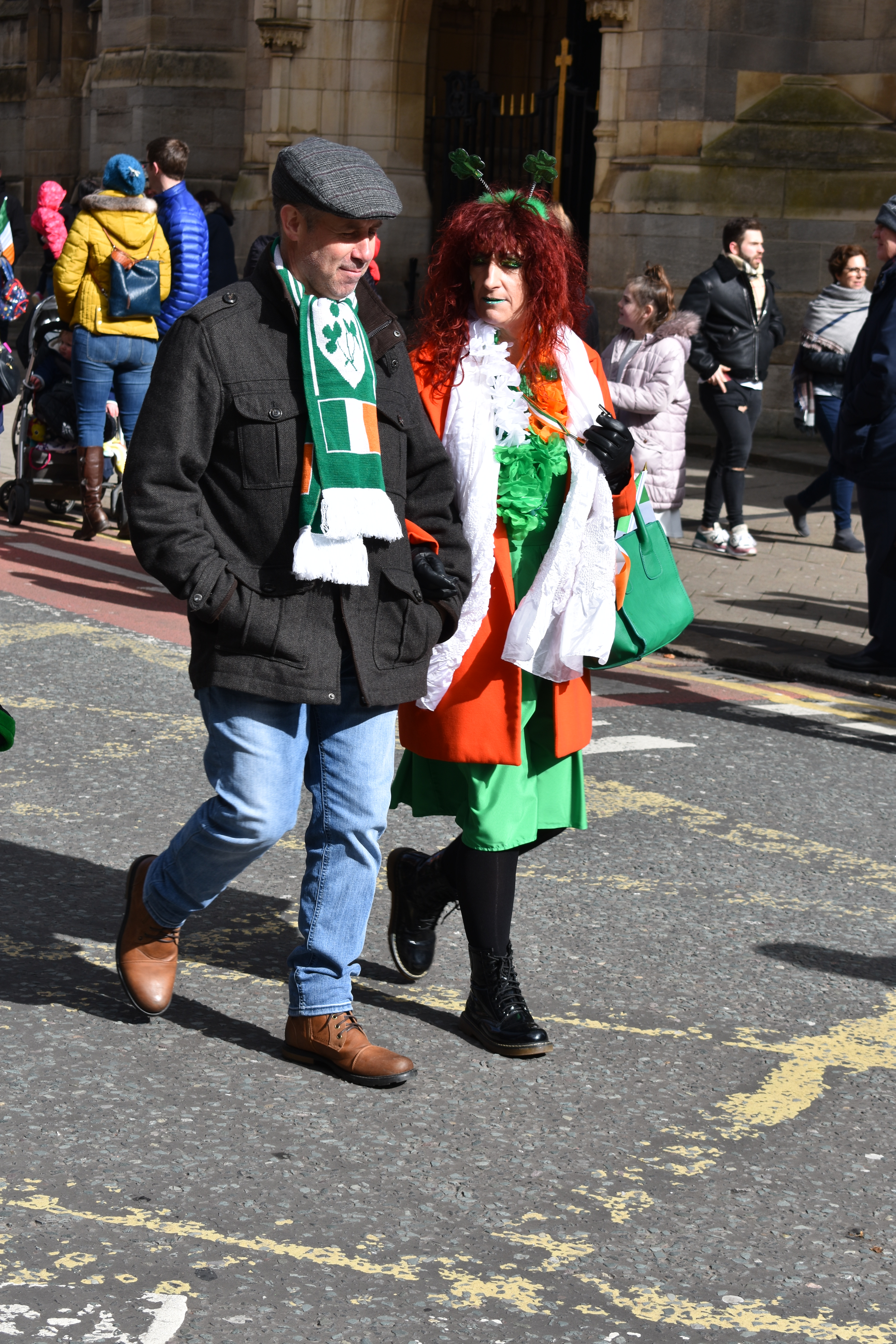 Couple dressed in Republic of Ireland flag colours at St Patrick’s Day Parade, Leeds 2019