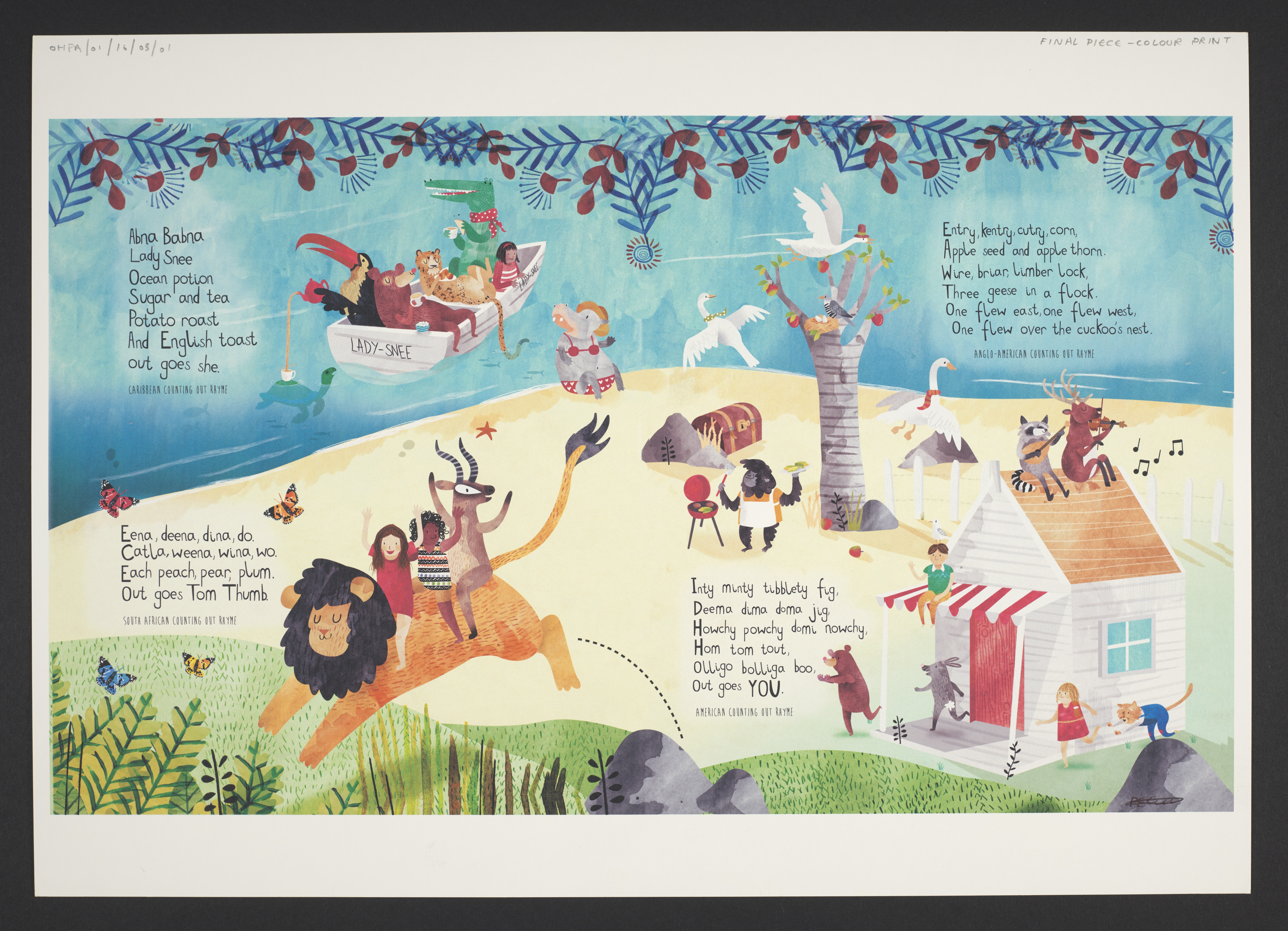 Double page spread showing counting rhymes from different countries and illustrations of children and animals.